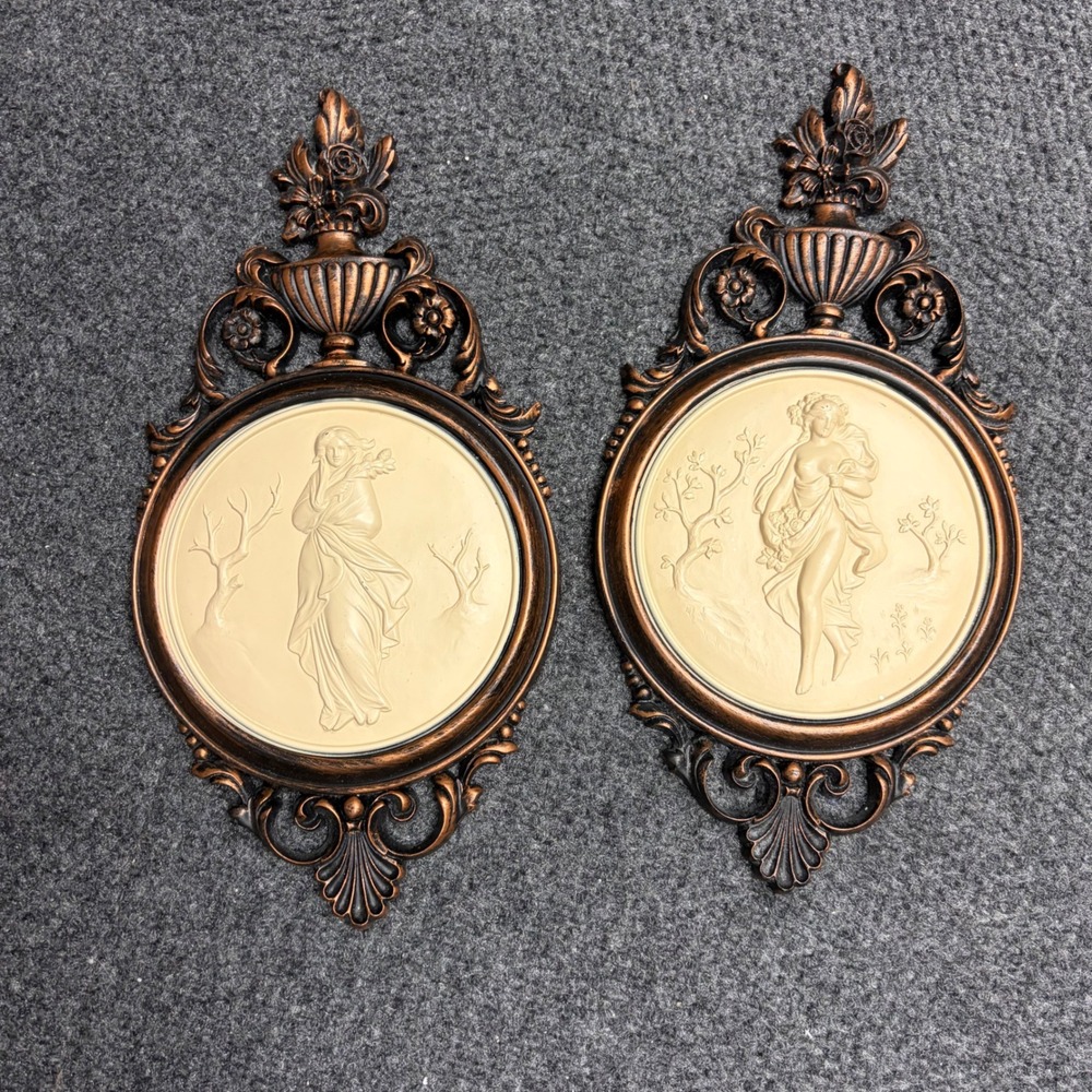 Vintage Dart Industries Plastic Ornate Wall Plaques Pair Goddess Relief Bronze